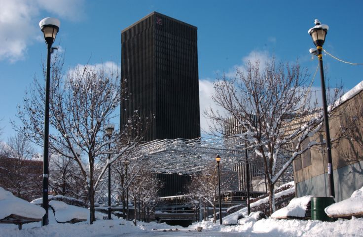 Picture -  Manhattan Square Park covered with snow. Xerox Tower, Lincoln Tower, and Midtown Plaza in the background. Jan 11th, 2004 POD 24 hour fresh 3:10 PM - Rochester NY Picture Of The Day from RocPic.Com winter spring summer fall pictures photos images people buildings events concerts festivals photo image at new images daily Rochester New York Fall I Love NY I luv NY Rochester New York Jan 2004 POD Winter view picture photo image pictures photos images