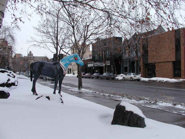 Photo Horses on parade, apple of my eye, East Ave, The Little Theatre in backround. Snow covered Rochester NY New York City living January 21st 2003 POD I Love NY East Ave Rochester NY New York Picture Of The Day view picture photo image pictures photos images, January 21st 2003 POD