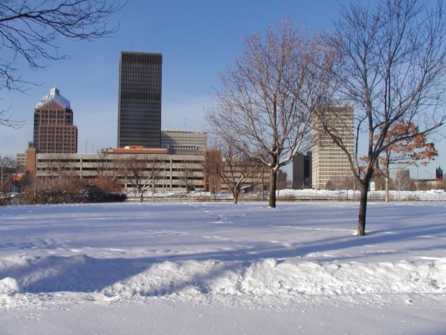 Picture Rochester NY skyline Frontiernet, Bausch and Lomb, Xerox, Midtown Plaza, HSBC Bank, as seen from the secret park Rochester NY New York City living February 1st 2003 POD I Love NY Rochester NY New York winter Picture Of The Day view picture photo image picture pictures photos images, February 1st 2003 POD
