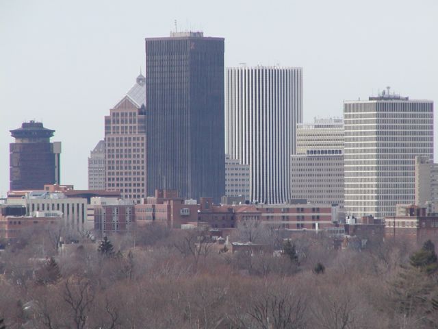 Picture close up Rochester NY skyline winter view of the Rochester NY skyline as seen from the top of Cobbs Hill Park and Reservoir. Rochester NY February 27th 2003 POD winter Picture Of The Day view picture photo image picture pictures photos images