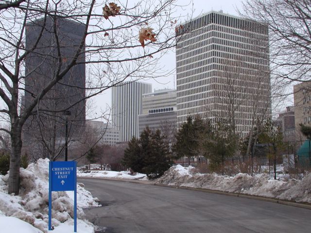 Picture almost spring, yet a couple of last years leaves cling to an otherwise leafless tree. Xerox, a bit of B&L, Lincoln Tower, Midtown Plaza, and HSBC fill the background Rochester NY winter view. Rochester NY March 4th 2003 POD winter Picture Of The Day view picture photo image picture pictures photos images