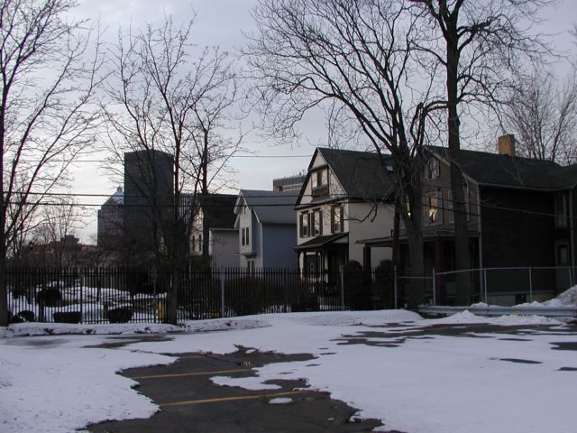 Picture four nice city homes on a winter day, clearly within walking distance of downtown Rochester. First Federal building on the left, Bausch and Lomb, Xerox, with HSBC above the roof of house 2. Rochester NY March 14th 2003 POD winter Picture Of The Day view picture photo image picture pictures photos images