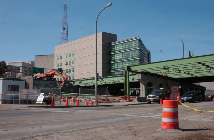 Picture - The concrete has been knocked out, and some beams have been removed from what used to be the East bound lane of Route 490 on the Troup Howell Bridge. Fresh 2:28 PM Apr 1st 2005 POD. - Rochester NY Picture Of The Day from RocPic.Com spring summer fall winter pictures photos images people buildings events concerts festivals photo image at new images daily Rochester New York Fall I Love NY I luv NY Rochester New York 2004 POD view picture photo image pictures photos images