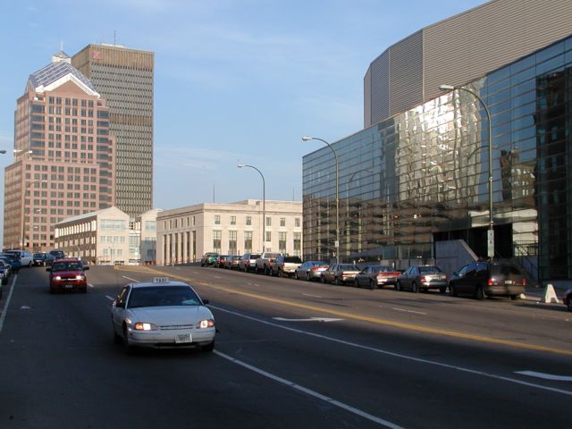 Picture A taxi makes it's way down Broad St past the War Memorial, Bausch and Lomb, Xerox, and the Rundell Library fill the background. Rochester NY New York April 2nd 2003 POD spring Picture Of The Day view picture photo image picture pictures photos images