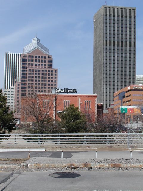 Picture Rochester NY Skyline. Lincoln Tower, Bausch and Lomb, Geva Theatre, Xerox with a bit of Midtown Plaza to the right and Frontier in the foreground on South Clinton Ave. Rochester NY New York April 3rd 2003 POD spring Picture Of The Day view picture photo image picture pictures photos images