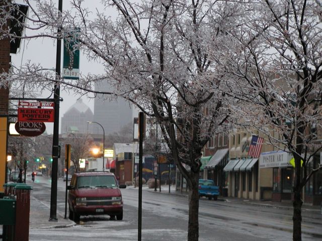 Picture Rochester NY Ice Storm 2003. April 4th 2003 brought showers of freezing rain. This photo shot 6:25 AM East April 4th 2003 on Monroe Ave of trees located in front of DigitalSter.Com 64 more images on the RocPic.Com web site from the link above or below. Rochester NY New York April 4th 2003 POD spring Picture Of The Day view picture photo image picture pictures photos images