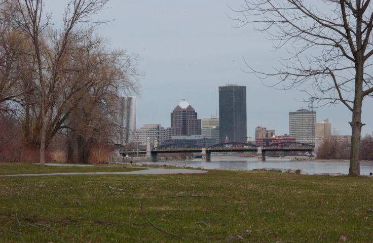Picture - Rochester NY Skyline As Seen From The Genesee River Trail. Fresh 2:58 PM Apr 5th 2005 POD. - Rochester NY Picture Of The Day from RocPic.Com spring summer fall winter pictures photos images people buildings events concerts festivals photo image at new images daily Rochester New York Fall I Love NY I luv NY Rochester New York 2004 POD view picture photo image pictures photos images