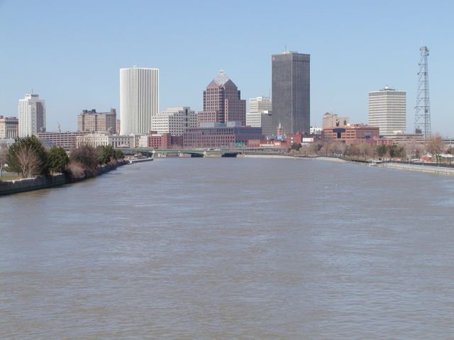 Picture Genesee River Rochester NY and the Downtown Rochester NY Skyline Picture Of The Day Rundell Library lincoln Tower BCBS Bausch and Lomb  Xerox Frontier Rochester NY Midtown Plaza HSBC Rochester Time Warner Tower Spring I Love NY I luv NY Rochester NY New York April 13th 2003 POD spring Picture Of The Day view picture photo image pictures photos images