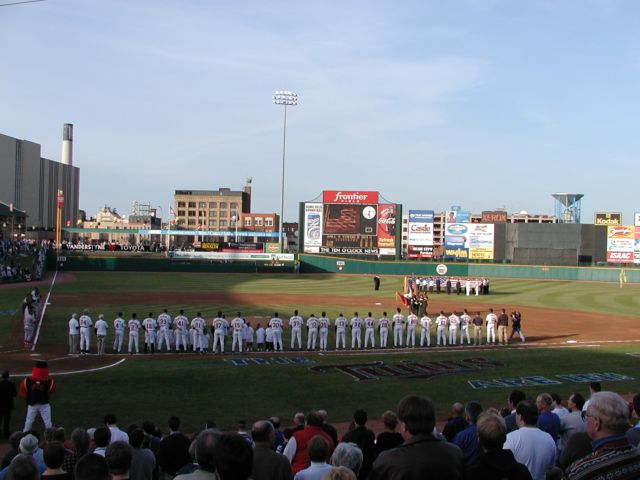 Picture Rochester Red Wings Baseball opening day Monday April 15th 2003 at Frontier Field. The Rochester Red Wings and the Minnesota Twins begin a new era with the Twins as the parent club of the AAA Red Wings. Rochester went on to beat the Scranton Wilkes-Barre Red Barons 4 - 3  Rochester NY Spring I Love NY I luv NY Rochester NY New York April 15th 2003 POD spring Picture Of The Day view picture photo image pictures photos images