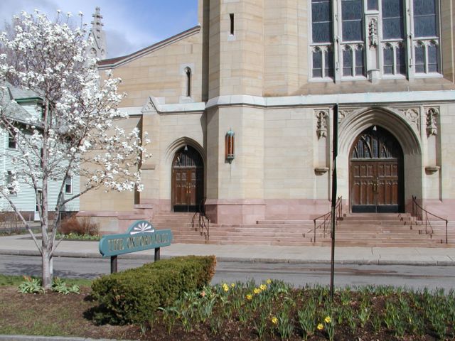 Picture Spring returns to Rochester NY for the second or third time this year! Magnolia blossoms and Daffodils on the Oxford Mall outside Blessed Sacrament Church. Picture of the Day Spring I Love NY I luv NY Rochester New York April 24th 2003 POD spring view picture photo image pictures photos images