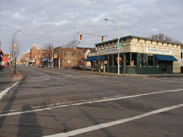Picture Of The Day Rochester NY New York November 24th 2002 Sunday Morning Monroe Ave  and Goodman St. Intersection  Bruggers Bagel Bakery visible with View Of Dowtown Rochester Skyline From Monroe Ave Photo Photos Pictures Image Images
