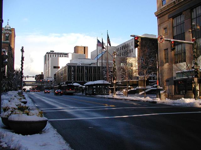 Rochester NY New York December 1st  2002 POD East Main St Looking East At Clinton Avenue Decorated For The Holidays Midtown Plaza Damon City Campus Sibley Tower Buidling In View Rochester Picture Of The Day Photo Photos Pictures Image Images