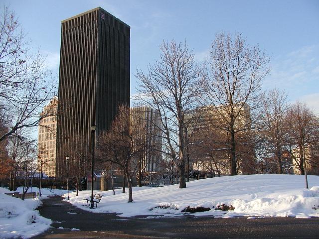 Rochester NY New York December 13th 2002 POD Prime Time Downtown Skyline Bausch and Lomb Xerox Lincoln Tower and Midtown Plaza all visible behind Snow Covered Manhattan Square Park On A Late Fall Blue Sky Rochester Afternoon Rochester NY Picture Of The Day Photo Photos Pictures Image Images
