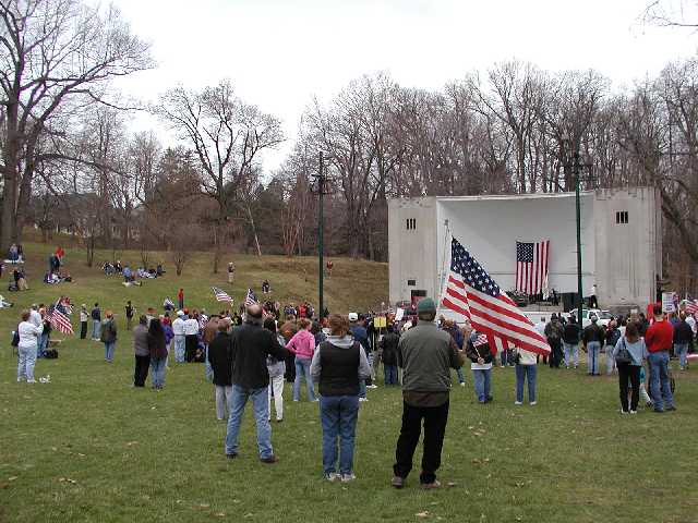 You are viewing everyday, average, Americans, who are sick and tired of anti-war protests, and all of the media attention they garner. They love America, Freedom, Democracy, and support the American Armed Forces, and coalition efforts in bringing an end to global terrorism. Rally 'Round America, Highland Bowl, Rochester NY, April 19th, 2003.  Image 42 of 60  -  52 kB