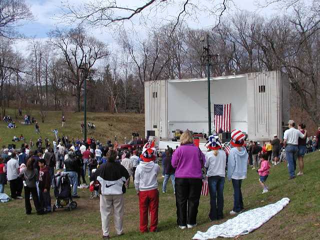 You are viewing Americans, celebrating their freedom at a Rally 'Round America anti-protest, protest... The MAJORITY of Americans, support George W. Bush, the Armed Forces of the USA, and coalition members who are striving to provide a secure world. Highland Bowl, Rochester NY, April 19th, 2003. Image 54 of 60  -  58 kB