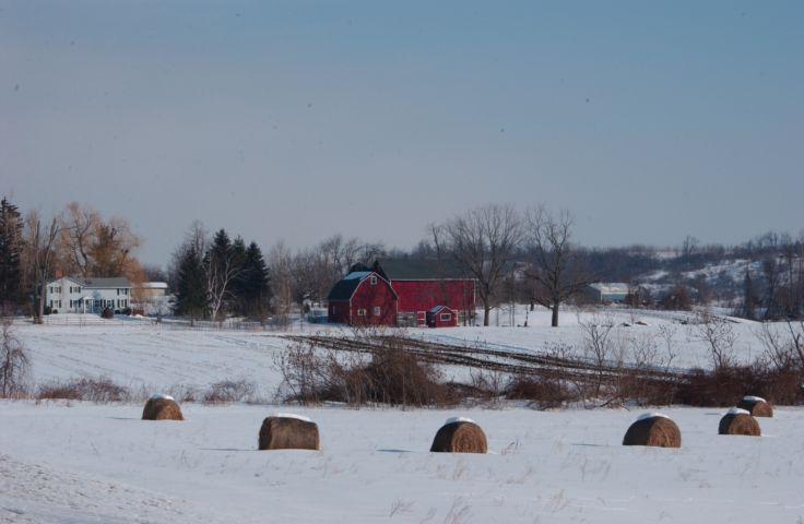 Picture Snowcapped hay rolls on a snow covered field. County Road #7 farm, Manchester New York. 24 hour Country Fresh 9:40 AM.  RocPic.Com Feb 19th 2004 POD. - Rochester NY Picture Of The Day from RocPic.Com winter spring summer fall pictures photos images people buildings events concerts festivals photo image at new images daily Rochester New York Fall I Love NY I luv NY Rochester New York Jan 2004 POD Winter view picture photo image pictures photos images